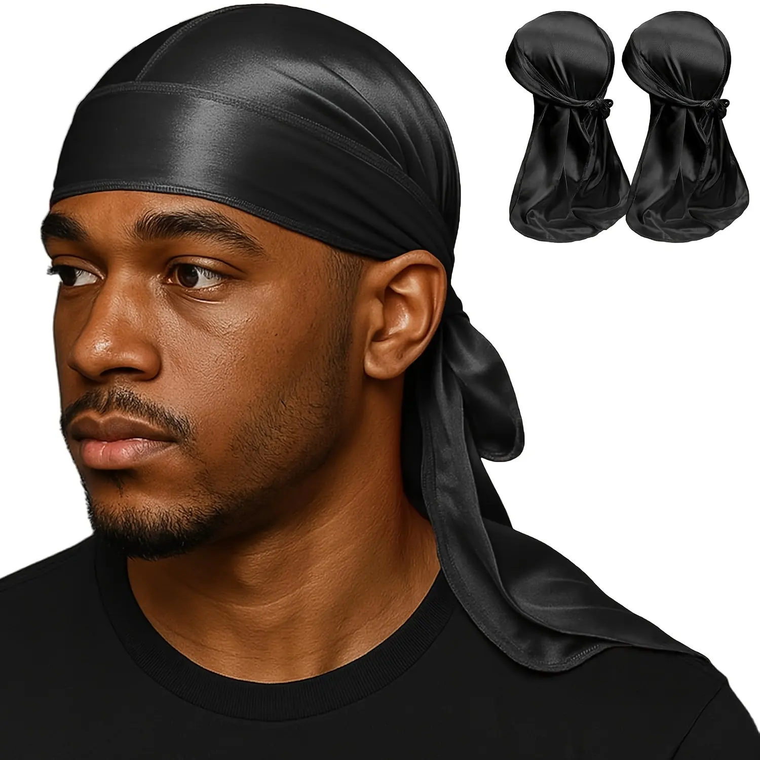Silky Satin Durag 2-Pack for Men & Women, Universal Fit 2-Way Stretch Wave Cap with Long Tails, Protective Compression Headband for 360 Waves & Styling, Female, Silk Durag, Adults, Compression Band, 2 Way-Stretch Satin