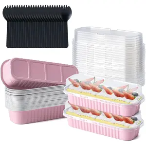 Husfunov 25 Pack Mini Cake Pans with Lids and Spoons, Small Aluminum Foil Loaf Pans, Rectangular Baking Containers for Party and Picnics, 6.8oz (Pink)