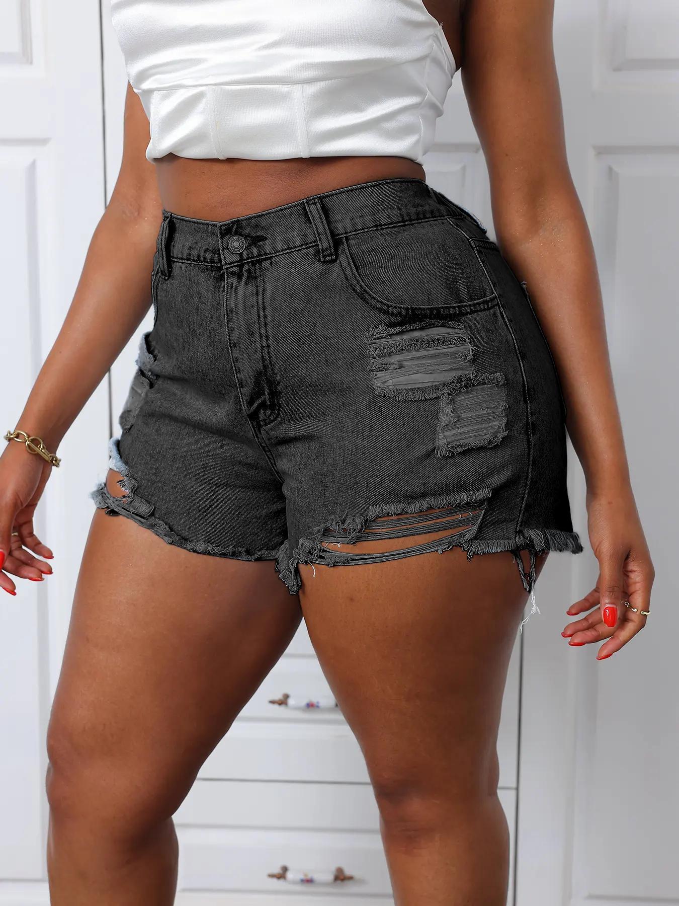 Plus Size Ripped High Waist Denim Shorts, Fashion Casual Pocket Shorts for Daily Outdoor Wear, Women Jeans Shorts for Summer Plus Size Ripped High Waist Denim Shorts, Fashion Casual Pocket Shorts for Daily Outdoor Wear, Women Jeans Shorts for Summer