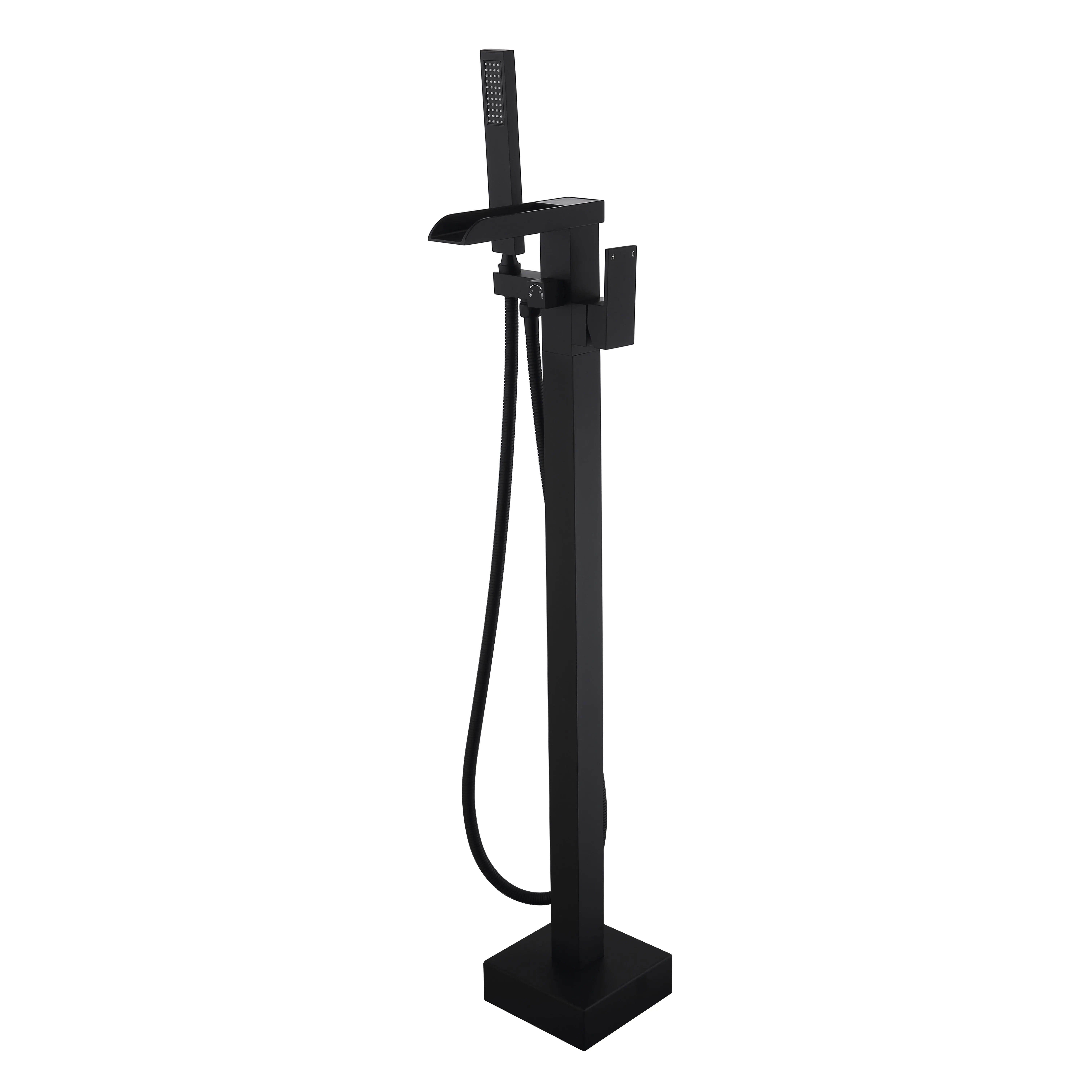 Nokaa Stainless Steel Matte Black Floor-Mounted High-Flow Bathtub Filler with Waterfall Spout and Handheld Shower Head for Bathroom