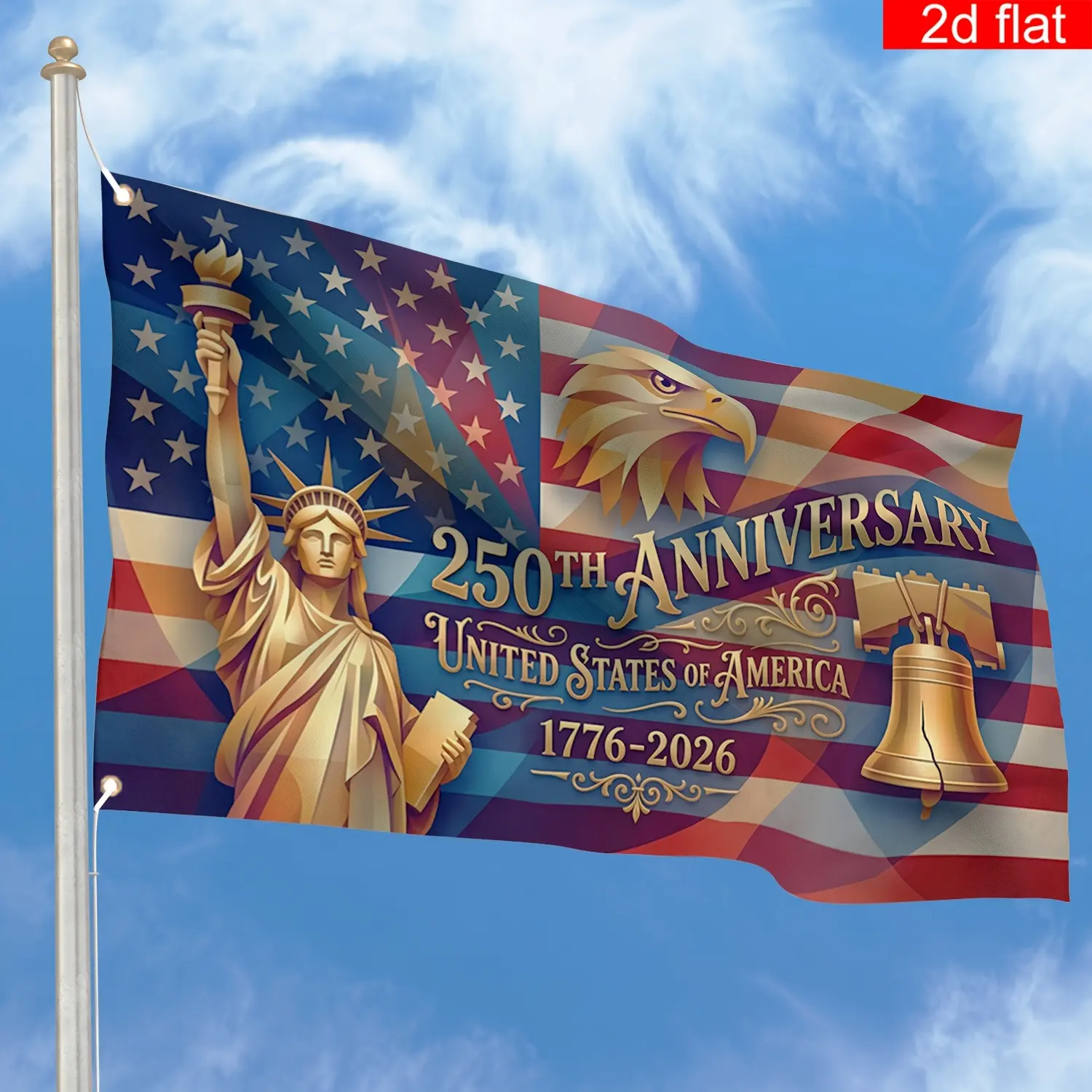 2D Flat Banner, 1pc, Geometric Gilded Retro Style American Bicentennial Independence Day Flag Party Banner, Statue of Liberty, Bald Eagle, Liberty Bell Patterns, American 250Th Anniversary Commemorative Flag, Outdoor Yard Patriotic Decor