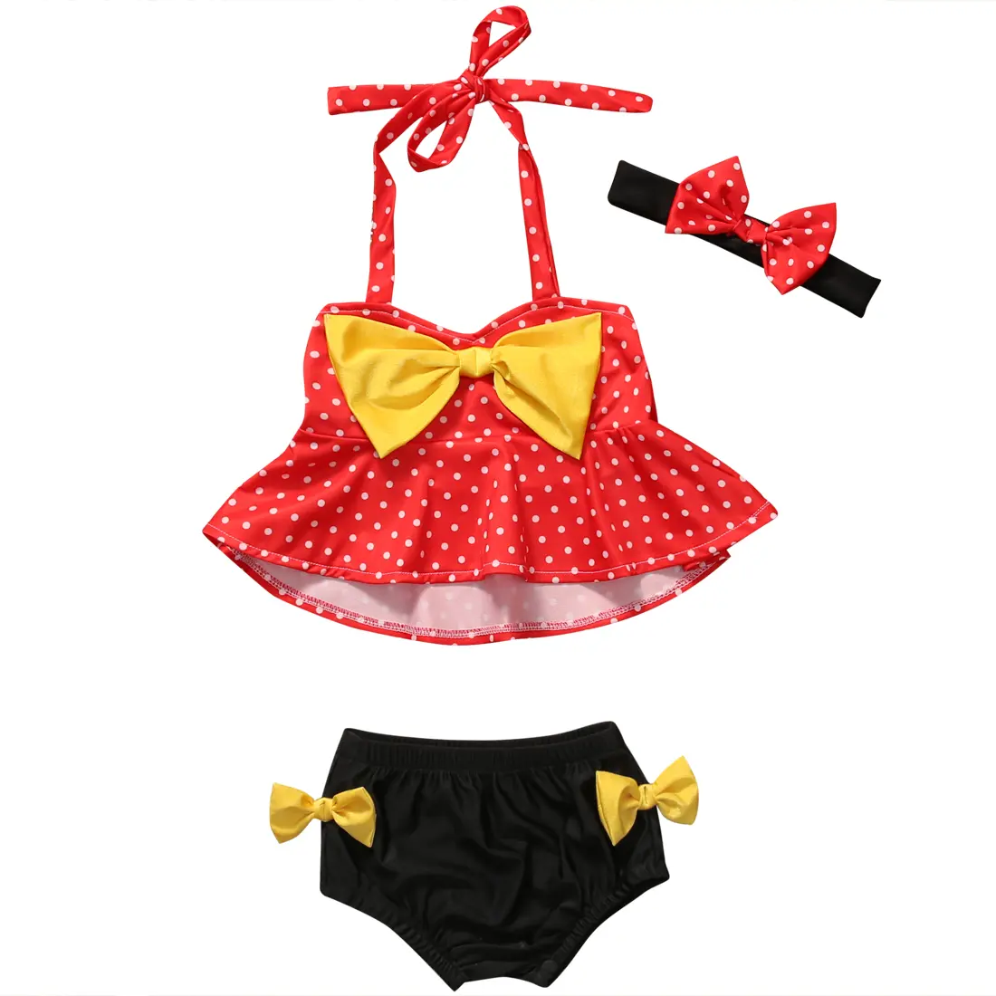 Toddler Baby Girl 3Pcs Summer Outfit Polka Dot Halter Ruffle Bikini Top Big Bow High Waist Bottom Matching Bow Headband Beach Vacation Casual Set