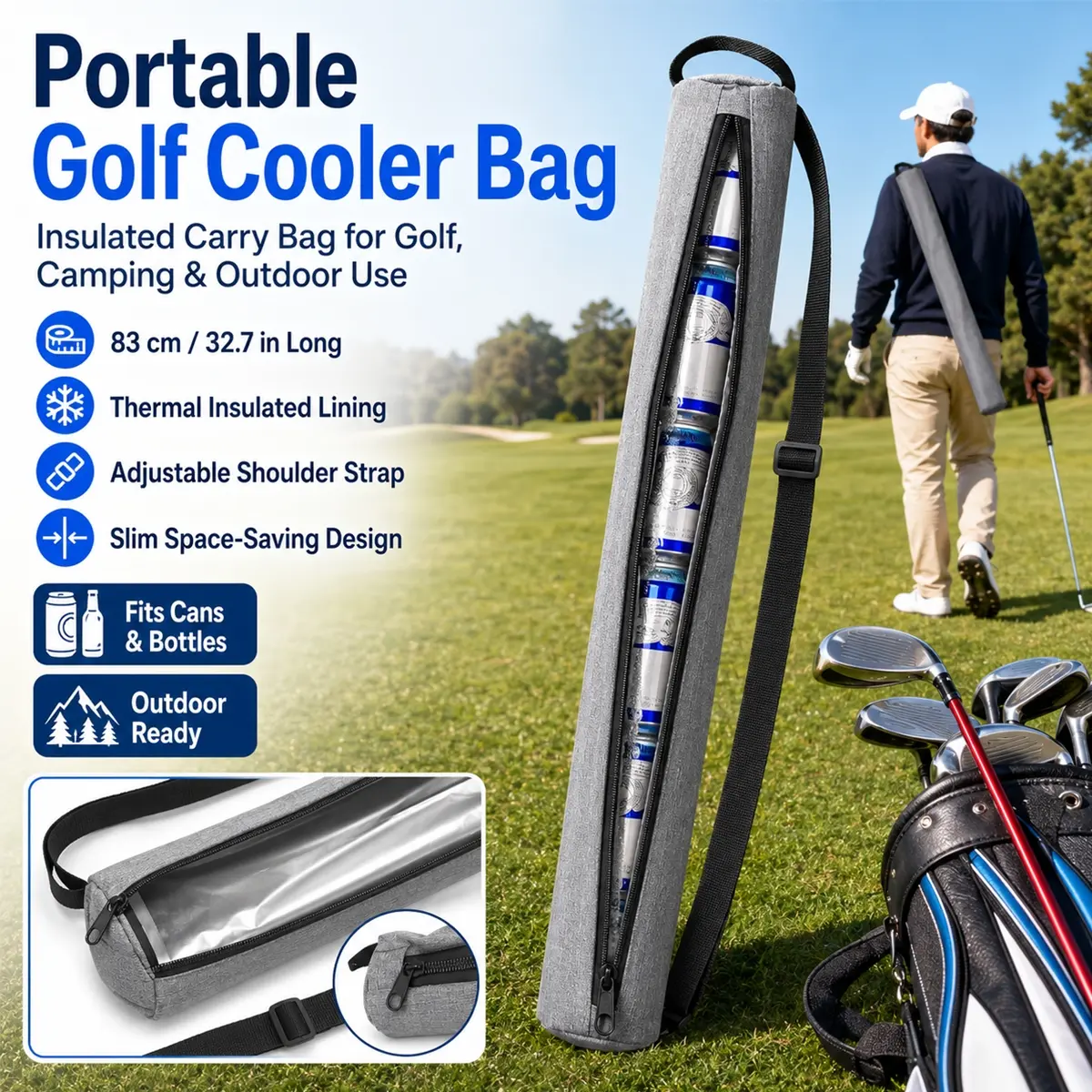 Golf Cooler Beer Sleeve, Portable Insulated 7-Can Cooler Bag with Zipper & Adjustable Shoulder Strap, Slim Golf Bag Beverage Chiller Sleeve for Cans, Soda and Cola, Fits Most Golf Bags for Course, Travel, Camping, Hiking and Outdoor Use