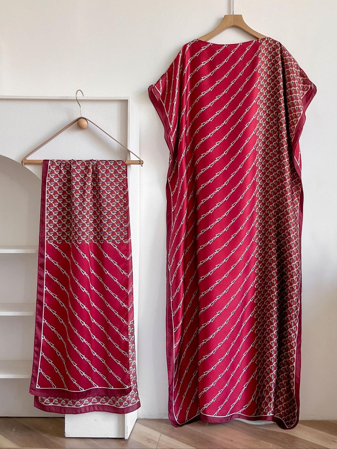 Women's Floral Print Long Dress & Scarf Set, Boho Casual Shawl Dress & Scarf Set for Beach Vacation Holiday, Ladies Clothes for All Seasons