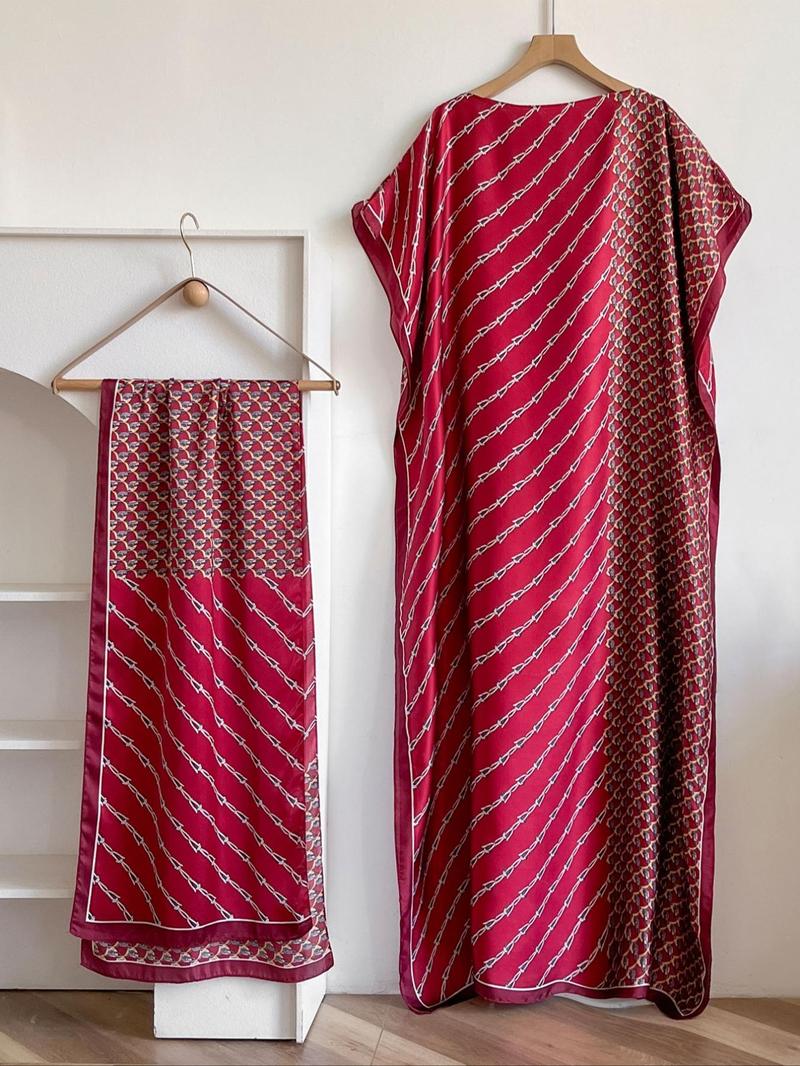 Women's Floral Print Long Dress & Scarf Set, Boho Casual Shawl Dress & Scarf Set for Beach Vacation Holiday, Ladies Clothes for All Seasons