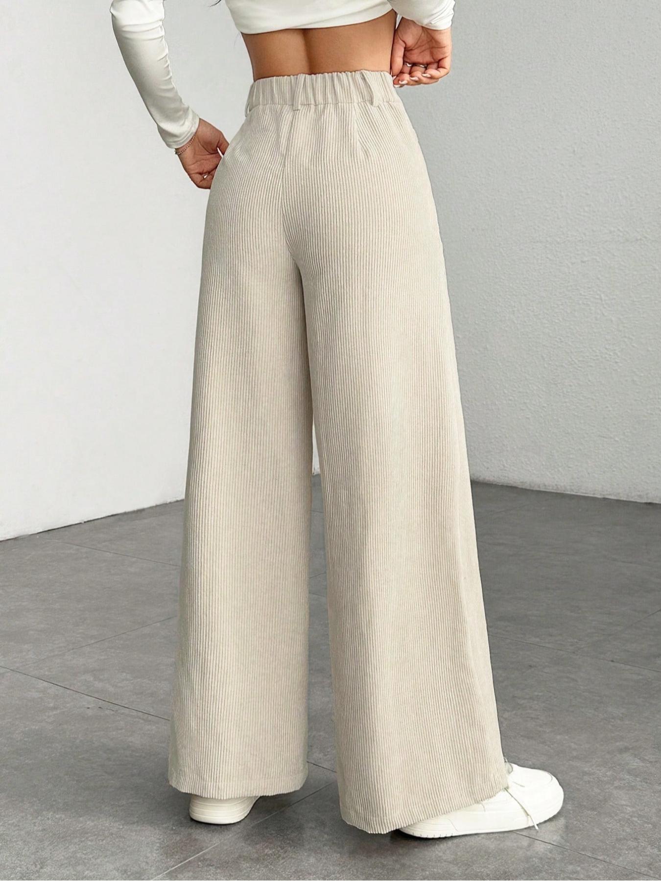 Women's High Waist Wide Leg Corduroy Pants, Casual Straight Fit Long Trousers, Comfortable All-season Solid Color Design, Womenswear
