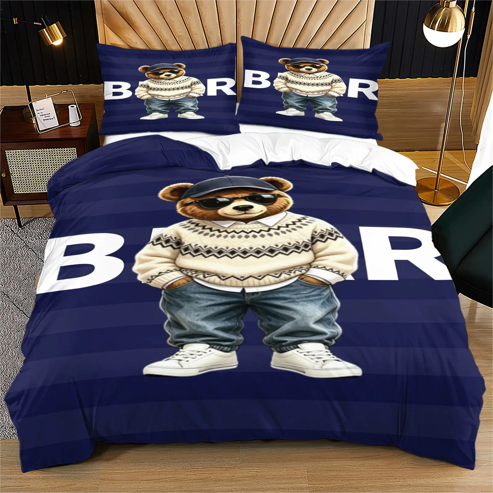Bear print pattern soft and durable Teddy Bear Bedding duvet cover set, including 1 duvet cover and 1 or 2 pillowcases, without a core or pillow, suitable for children or adults as gifts, modern style fashionable bedroom bed decoration small