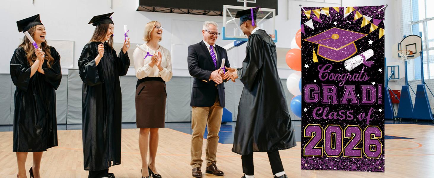 73 x 36 Inch Congrats Grad Class of 2026 Sign Banner Door Cover, Graduation Party Decorations, Large Front Door Porch Sign Backdrop for Wall Indoor Outdoor Photo Booth Props Party Supplies (Purple)