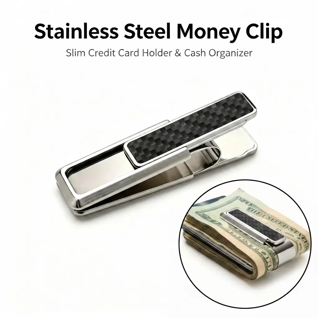 Slim Carbon Fiber Stainless Steel Money Clip, Rfid Blocking Credit Card Cash Holder, Minimalist Metal Wallet Accessory, For Men Business Professionals, Edc Pocket Card Organizer Trendy Slim Cash Storage Gadget-YY0