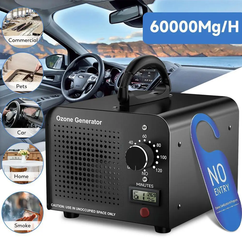Commercial Type O3 Ionizer Air Purifier Deodorizer - 60000mg/h High Output Ozone Generator, Timer Control, 0-120 Minute Hold Continuous, 4500 Sq Ft Clean Coverage, 3.53lbs, 7.75x6.89"x6.3"in, for Home Paint Odor Removal