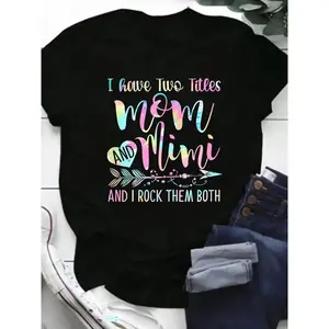 Women's 100% Mimi Graphic T-Shirt - "I Have Two Titles Mom and Mimi" Fun Printed Design, Short Sleeve Round Neck Casual Tee for Casual Attire s0407