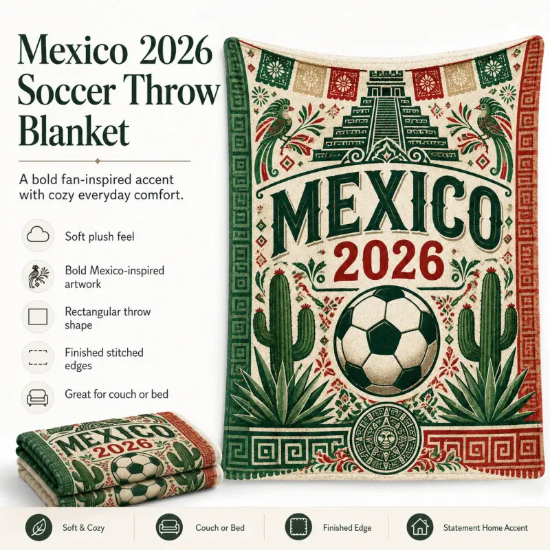 Mexico 2026 Soccer Throw Blanket, Soft Cozy Plush Blanket with Cactus Pyramid Sombrero Graphic for Sofa Bed Couch, Sports Fan Gift