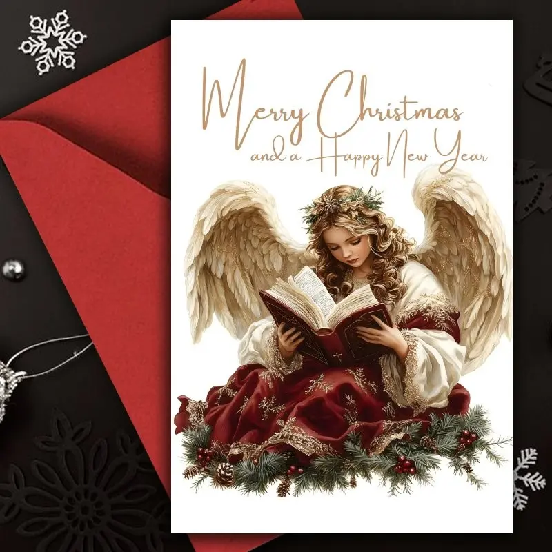 1pc Christmas Card with Envelope, Elegant Angel Christmas Greeting Card, Religious Holiday Blessing Card with Vintage Illustration and Card Design, Merry Christmas and Happy New Year Gift Card for Family Friends Loved Ones, Christmas Celebration Gift