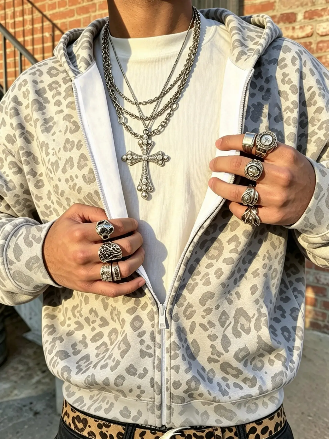 Zip Up Hooded Jacket, Long Sleeve, Y2K Streetwear Style, Leopard Print Loose Fit Casual Outerwear, For Men Daily Street Outfits, Hip Hop Gathering And Casual Outdoor Activities