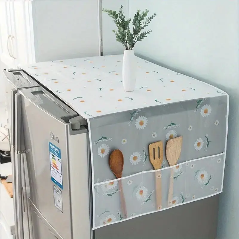 Multi-Functional Refrigerator Dust Cover with Pockets, Home Use Dust Protector, Outdoor Camping Suitable, Fabric Appliance Top Cover, Modern Decor Daisy Storage Item, Portable
