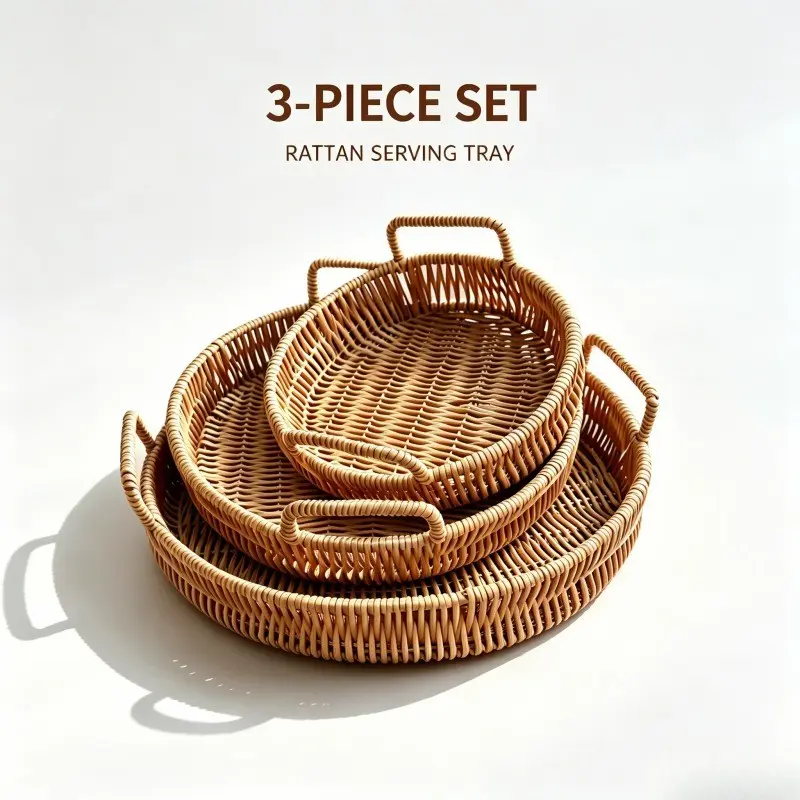 3Pcs Rattan Serving Tray Woven Fruit Bread Basket Set Boho Rustic Farmhouse Organic Aesthetic With Handles Nested Storage Dessert Snacks Display Picnic Coffee Table Styling Tea Party Kitchen Organizer