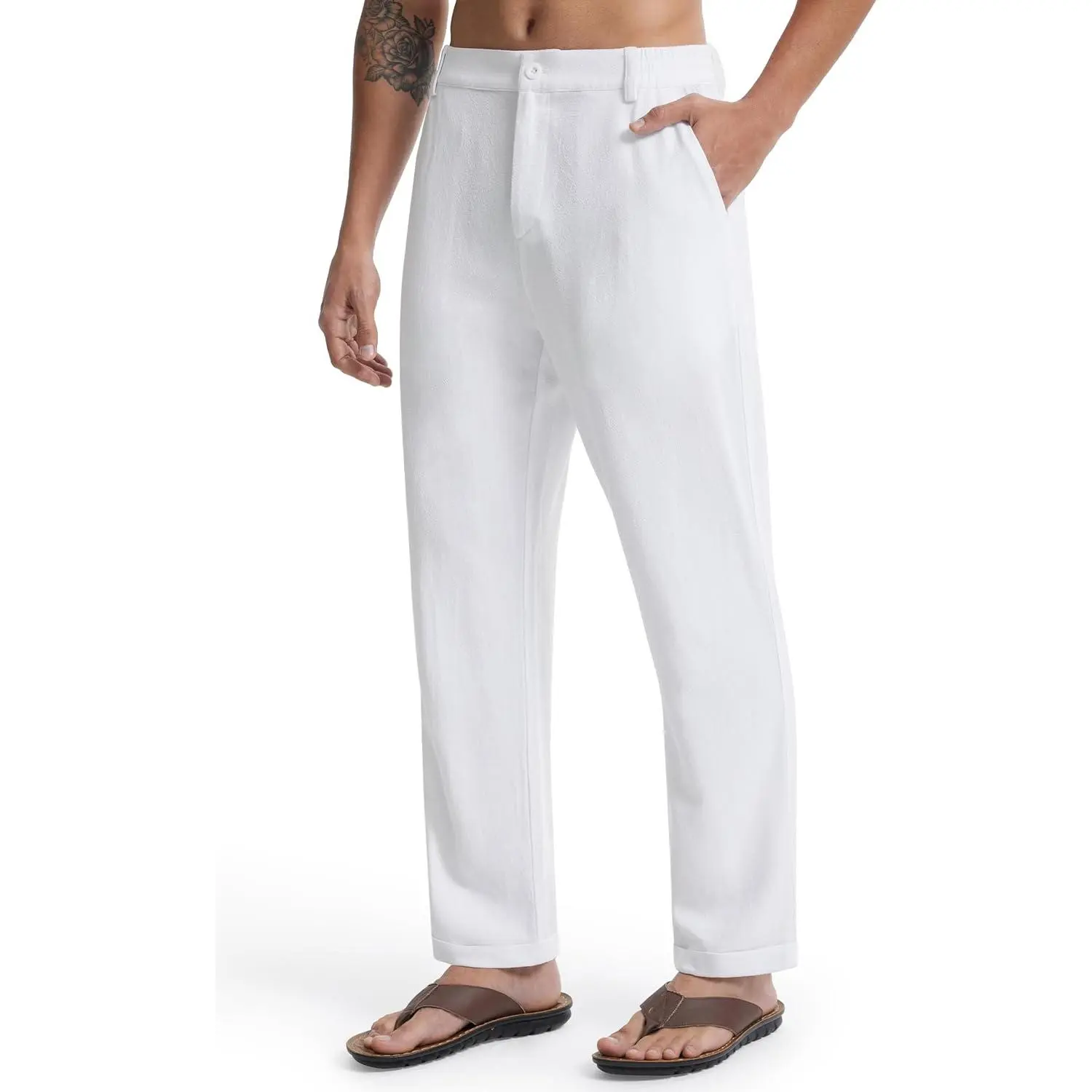 Men's Linen Pants Elastic Waist Lightweight Casual Pants Comfy Summer Beach Travel Lounge Trousers with Pockets