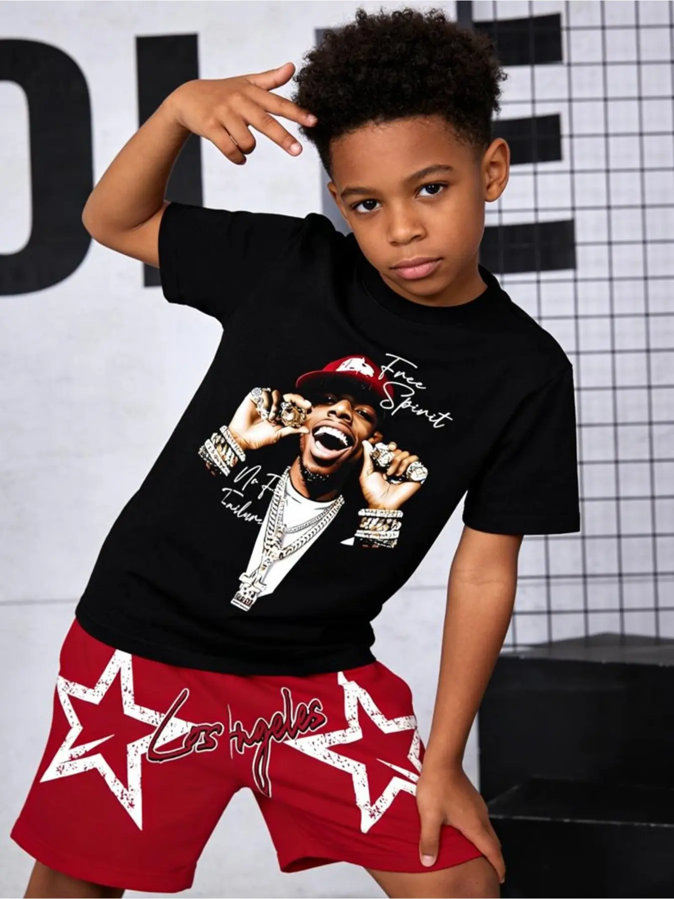 Boys Hip-Hop Two-Piece Set, Portrait Print Short Sleeve T-Shirt + Star Letter Shorts, Casual Streetwear for Kids