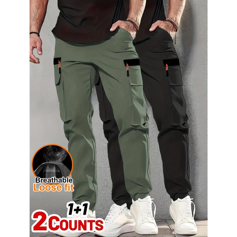 2‑Pack Men’s Multi‑Pocket Work Cargo Pant Zipper Pocket Design Loose Oversized Fit Solid Casual Long Trousers Perfect for Outdoor Daily Wear Must‑Have Utility Bottoms for Men