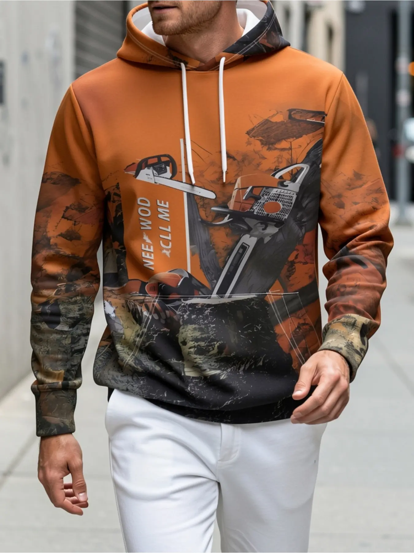 Men'S Hoodie - Casual Pullover Sweatshirt With Digital Print Design, Featuring A Chainsaw And Sign On An Orange Background, Suitable For Autumn And Winter, Machine Washable, Ideal For Travel And Everyday Wear - Loose Fit