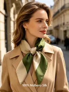 1PC 70*70cm Square Modern Geometric Silk Scarf, Classic Olive Green & Cream Color Block Print 100% Mulberry Silk Lightweight Scarf, Versatile Fashion Accessory for Daily Commute, Travel, Hiking, Gym & Summer Beach