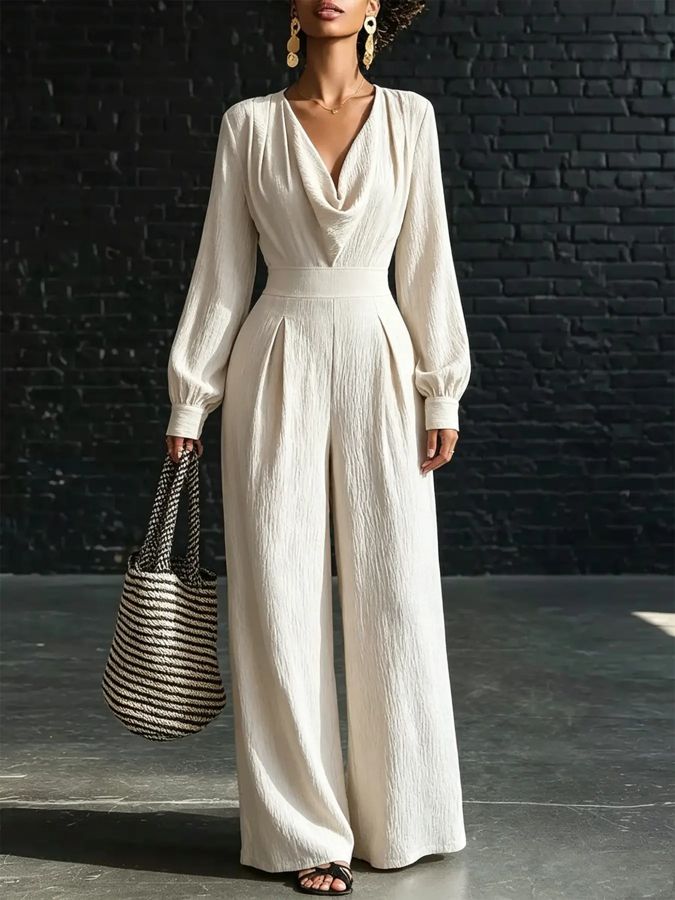 A women's beige swing collar long sleeved wide leg jumpsuit, Fashion plain jumpsuit, with a high waist and a cinched waist that looks taller and slimmer, suitable for commuting to work, shopping and outdoor activities
