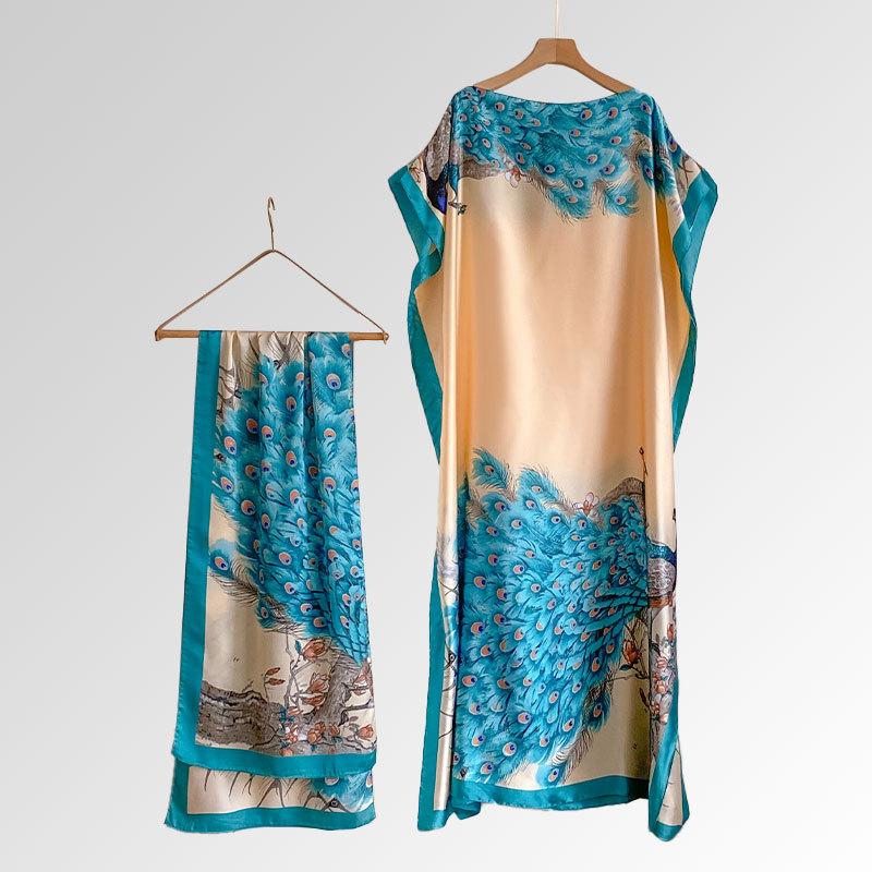 Women's Peacock Print Cape Shawl & Scarf Set, Elegant Beach Cover-Up For Holiday Vacation, Swimsuit Cover Up