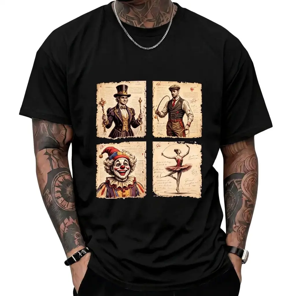 Vintage Circus Performers Graphic Shirt Retro Carnival Clown Ringmaster Short Sleeve Crew Neck Top  Cotton Funny Tee Streetwear Dark Aesthetic Apparel Unisex  T-Shirt