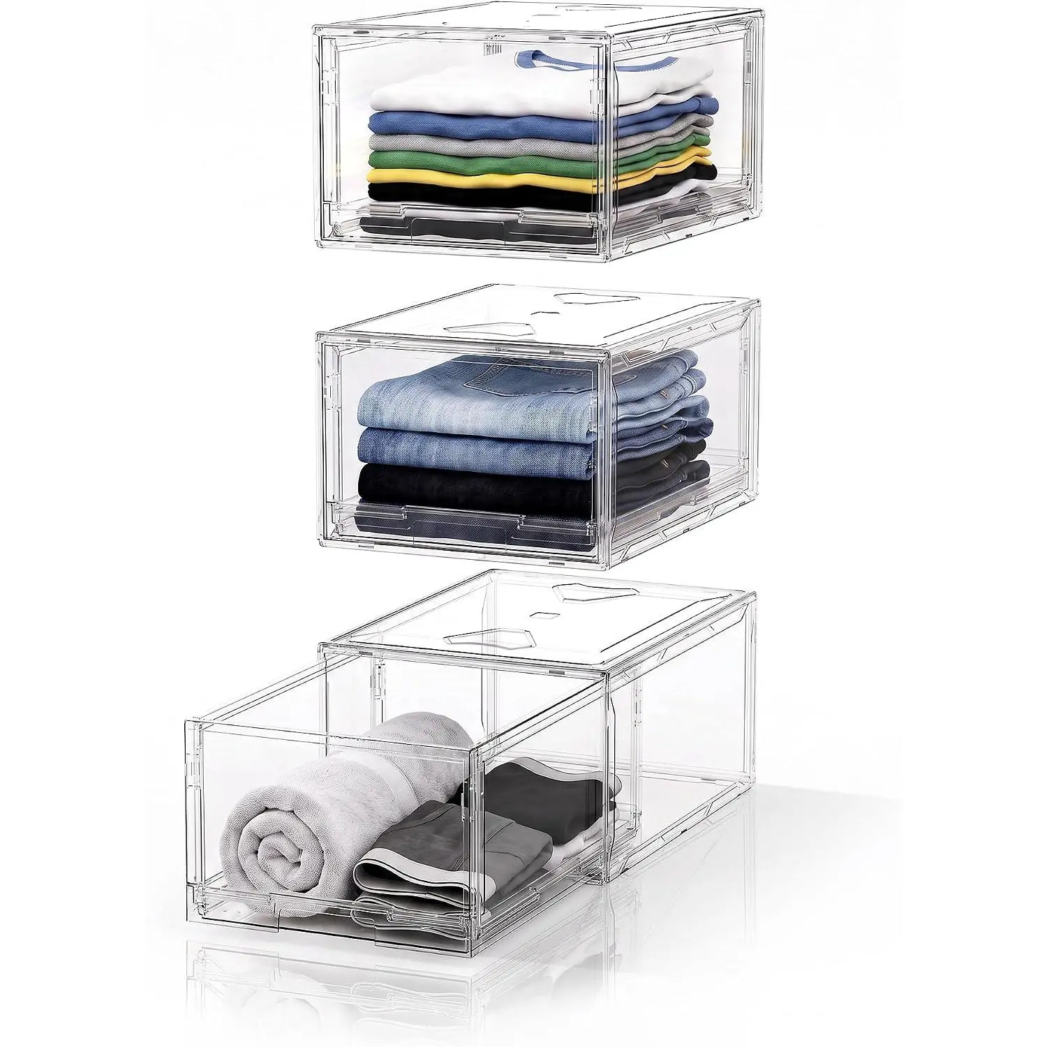 Large Clear Stackable Storage Drawer Organizer for Closet, 3 Pack