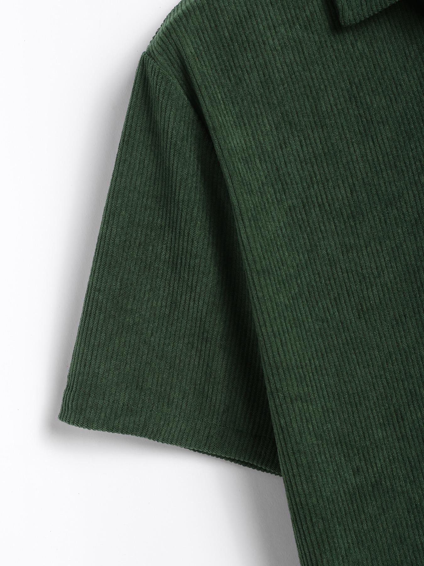 Men's Corduroy Pocket Short Sleeve Shirt, Ink, Casual Loose-Fitting Top, All Seasons, Plain Pattern, H Type,Men's Corduroy Pocket Short Sleeve Shirt, Dark Casual Loose Fit Top, All Seasons Woven Fabric, Moderate Thickness, Casual Comfy Collared