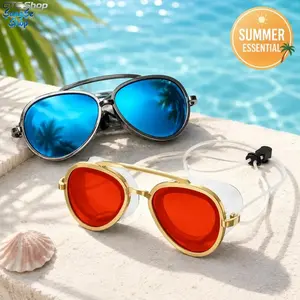 2-in-1 Gold Frame Polarized Swim Goggles Sunglasses Hybrid Eyewear, Red Tint 180° Panoramic Full View Anti-Fog UV400 Protection, Leakproof Soft Silicone Seal With Adjustable Strap, Multi-Functional Gear For Adult Men Women Water Sports, Pool Training And
