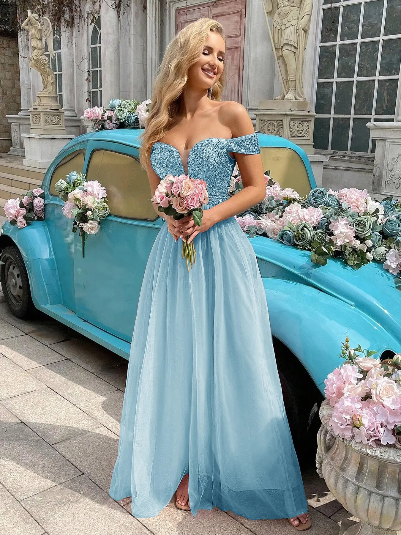 Single Piece Pleated Sequin Mesh Dress, Sweet Pure Princess Style, One-Shoulder Folded Strap, Waist Cinch, Loose Flowy Long Dress
