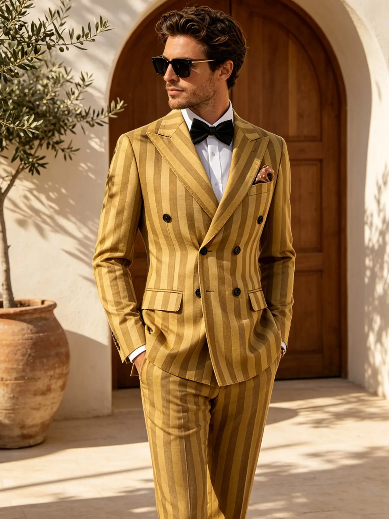 Men's Double Breasted Tailored Fit Suit 2-Piece Set - Long Sleeve Striped Peak Lapel Groom Tuxedo Style Formal Wear, Business Work Clothes, Jacket & Matching Pants for Weddings, Business, Prom, Party Prom Suits