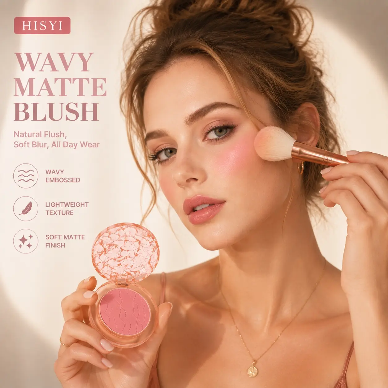 HISYI Wavy Embossed Matte Blush, lightweight soft matte texture creates natural blurred healthy flush on cheeks. Buildable pigment, easy to blend without patchiness, long-lasting all-day wear.