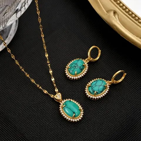 Women's Stainless Steel Chain Necklace with Oval Turquoise Pendant, Gemstone Necklace, Fashionable Jewelry Accessory for Women, Trendy Jewelry, Elegant Design, Necklace Gift