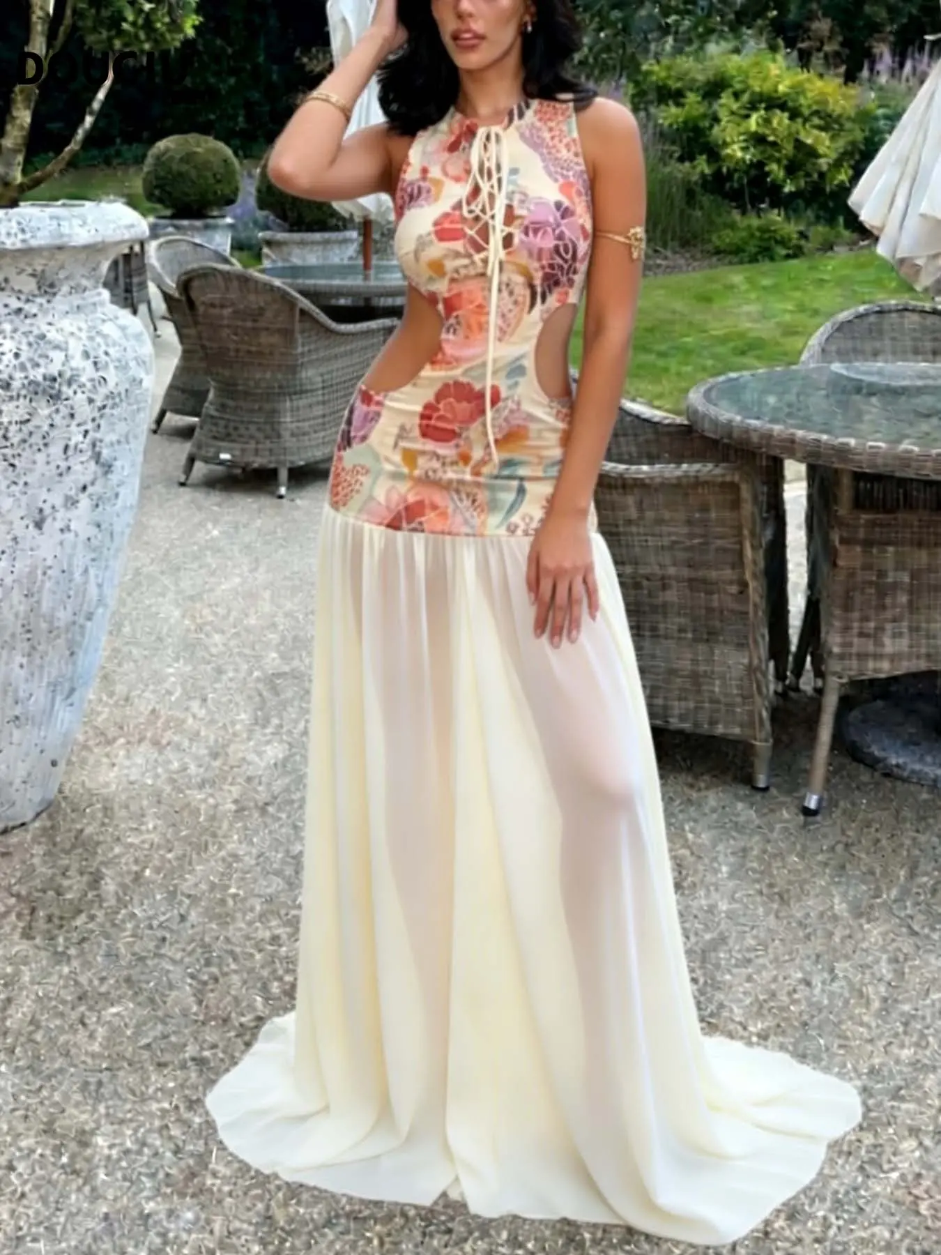 DOUCIU Elegant Evening Gown for Bridesmaids, Sleeveless Long Dress with Mesh and Print, Dresses For Wedding, Perfect for Weddings and Social Events