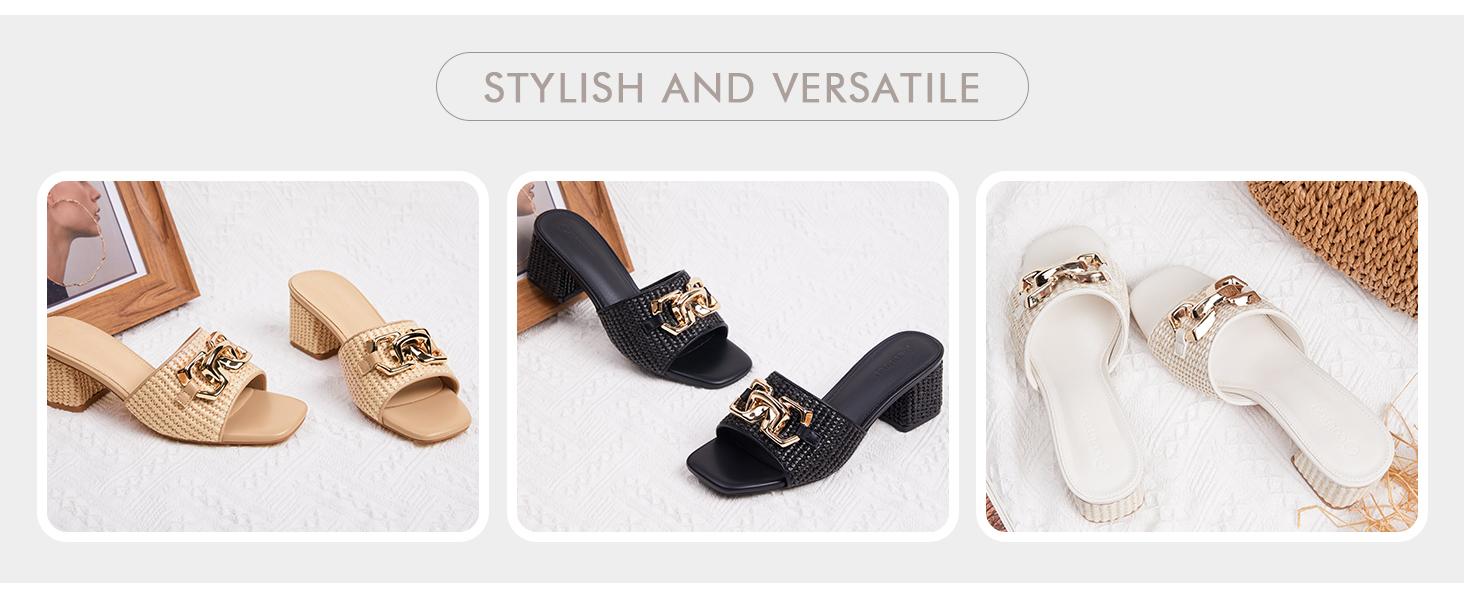 Coutgo Womens Raffia Slide Sandals Chunky Block Heeled Square Open Toe Metal Chain Slip on Mules Dressy Shoes