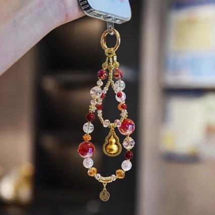 Original purple and gold gourd mobile phone chain, bright red crystal glass bead mobile phone lanyard, hanging chain, luxury wrist strap
