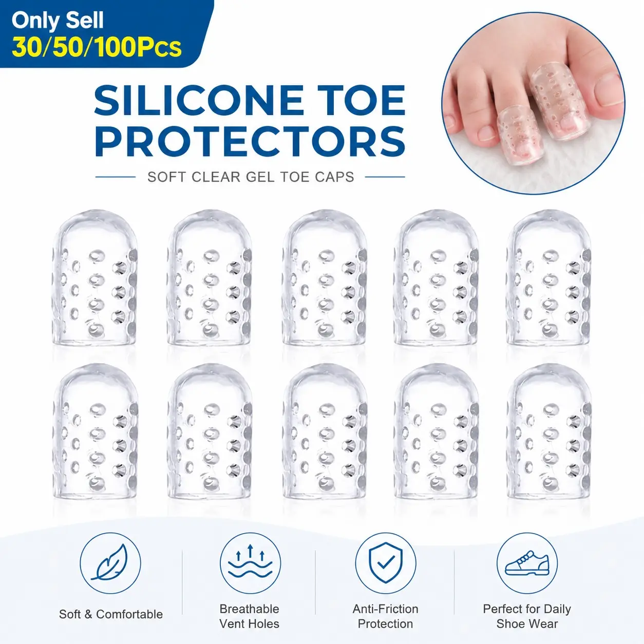 30/50/100 Pcs Silicone Toe Protectors, Soft Clear Gel Toe Caps with Breathable Vent Holes, Anti-Friction Toe Sleeves for Men and Women, Daily Shoe Wear and Walking Use, Toe Protectors for Shoes