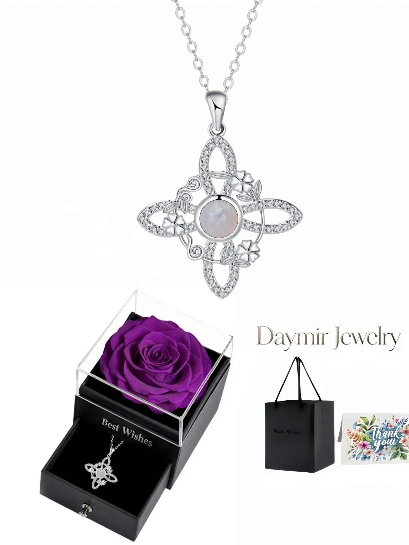 "Twisted Diamond Floral Cross Opal Necklace" Original luxury Celtic flower necklace set with opals and diamonds. Paired with purple simulated rose jewelry box, ideal gifts for birthdays, Mother's Day, Valentine’s Day and Christmas.