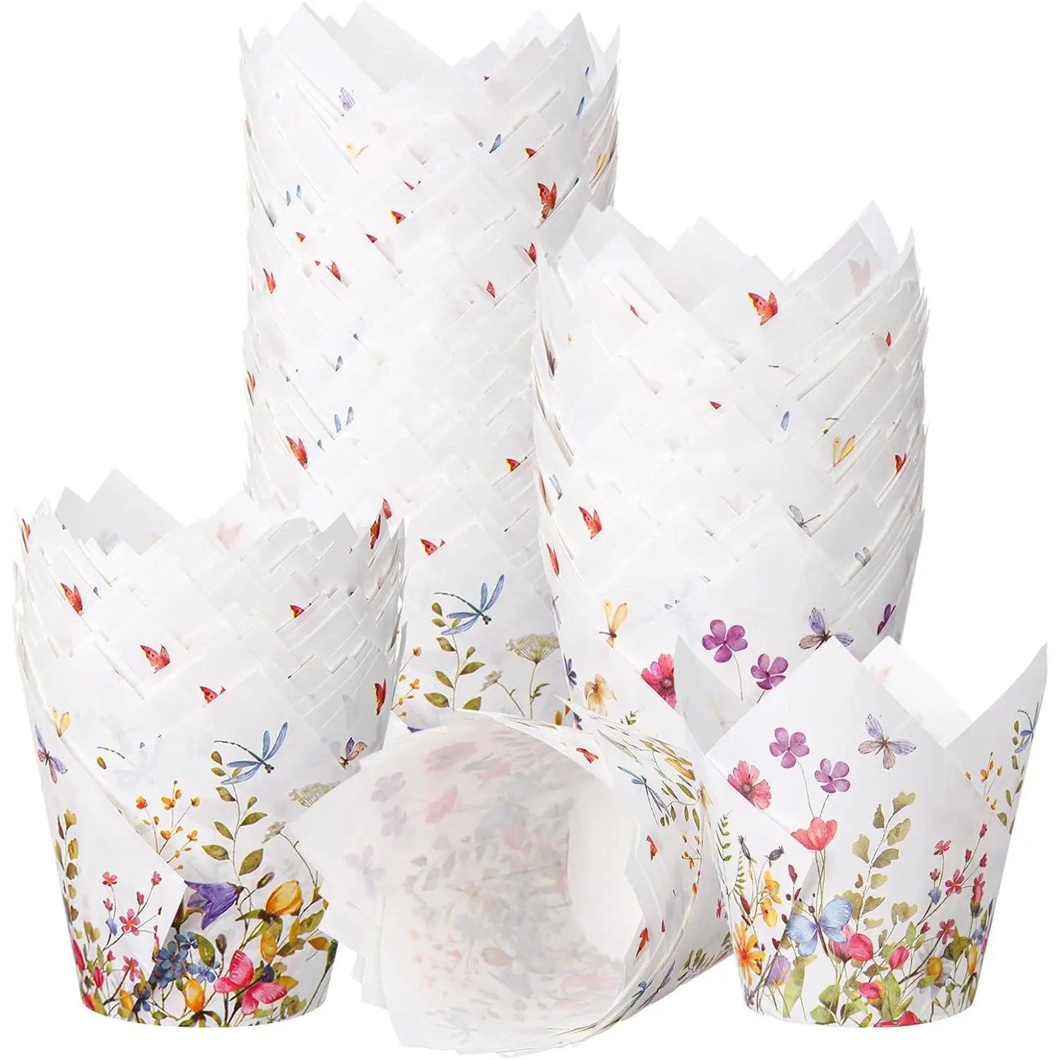 Durable Floral Wildflower Cupcake Liners (1.96 x 3.15 Inches, 200 Count) - Kitchen Bakeware Baking Utensils for Spring Bridal Shower Decorations