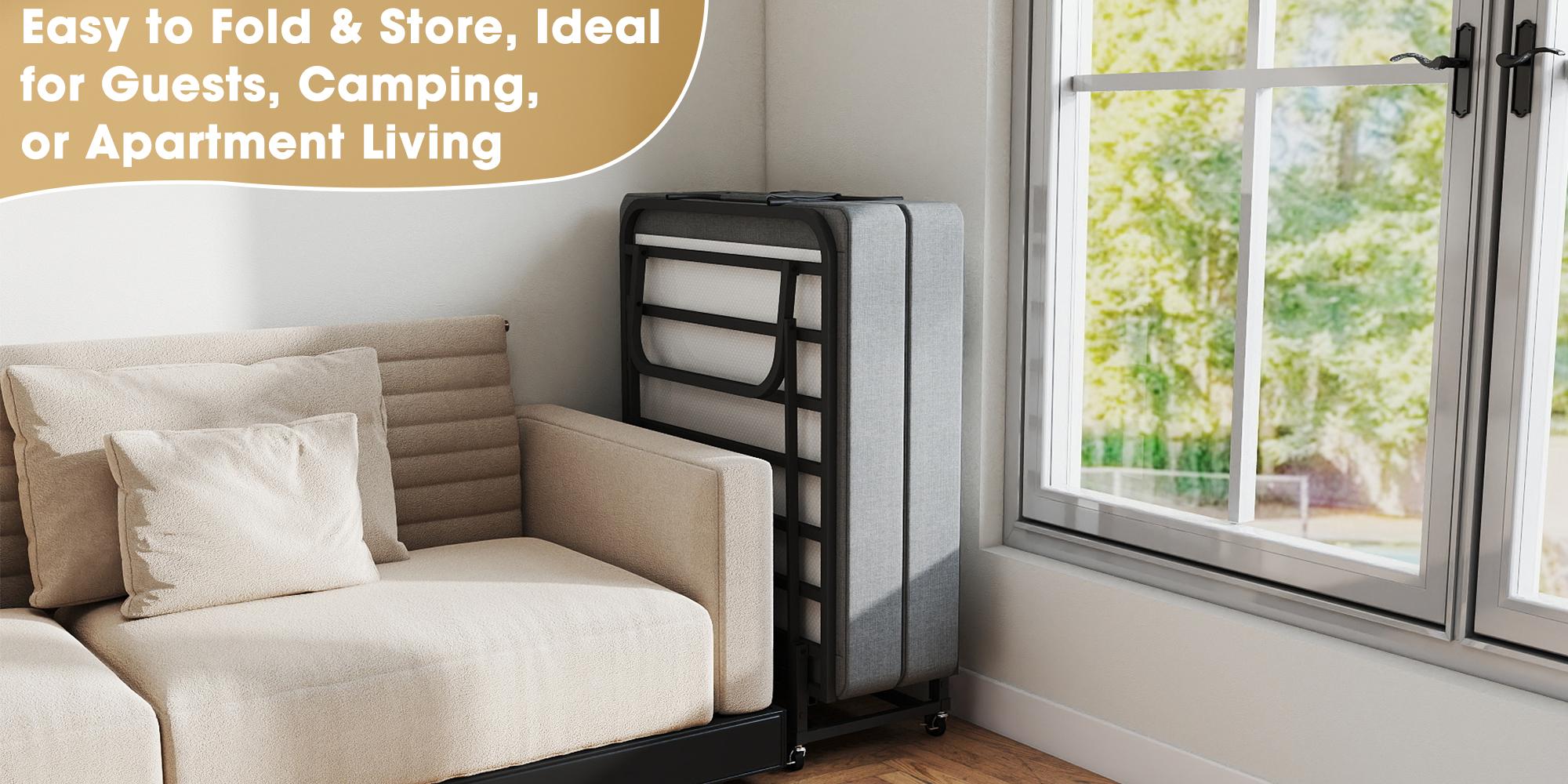 Portable Folding Bed with Memory Foam Mattress, Lockable Wheels, Breathable Linen Fabric for Adults Portable Folding Bed with Memory Foam Mattress, Lockable Wheels, Breathable Linen Fabric for Adults