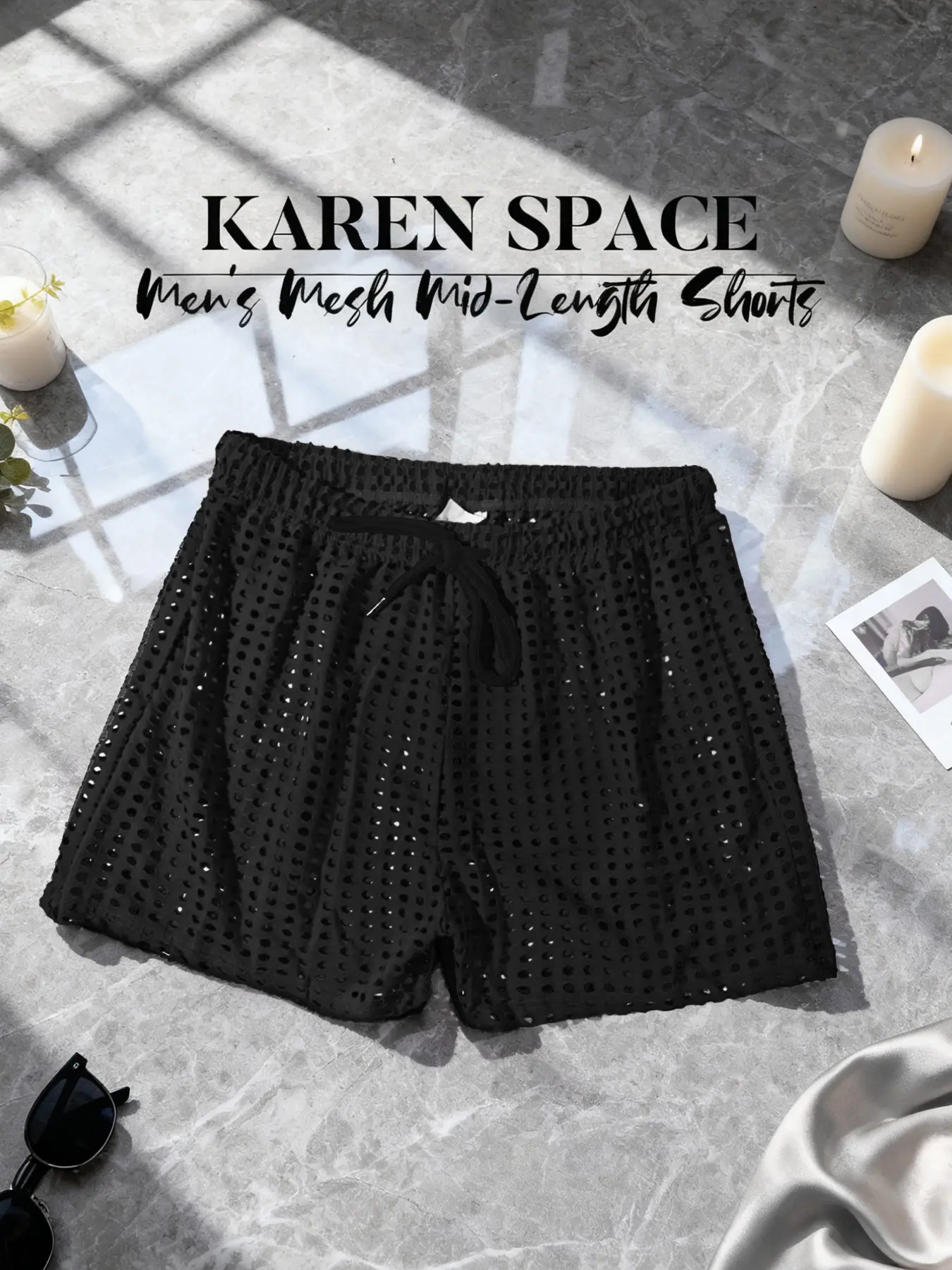 Men's Plain Mesh Drawstring Shorts, Breathable Loose Fit, Ideal for Sports, Running, Beach, Summer Fashion, Hollow Out Design