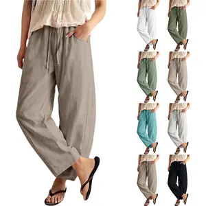 Women Linen Wide Leg Palazzo Barrel Pants Summer Drawstring Casual 2026 Beach Vacation Boho Baggy Pant with Pockets