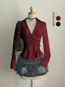 Elegant Asymmetrical Waist Cinched Fitted Top for Women, Slimming Belted Open Front Long Sleeve Shirt, Stylish Casual Blouse Womenswear Lady