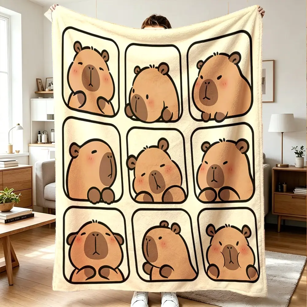 9 Grid Water Buffalo Pattern Digital Print Flannel Blanket, 100% Polyester, Lightweight, Comfortable, Ideal Gift for All Seasons