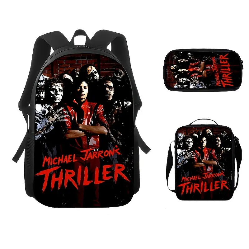 Kids' 3-Piece Oxford Cloth Backpack Set - Retro Zombie Art Print, Waterproof, Durable, Lightweight School Bag with Lunch Box, 15in Laptop Pocket, Adjustable Soft Breathable Padded Straps