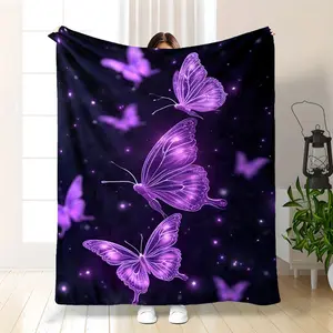 Cozy Reversible Flannel Throw Blanket With Glowing Purple Butterflies Design |   Digital Print, Soft Polyester Fabric, All-Season Rustic Charm, 250-300Gsm