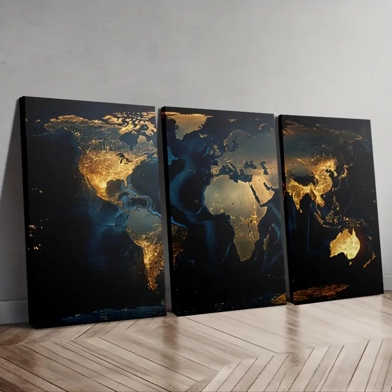 2D Flat 3-Piece Artistic World Map Night Light Print, Classic Modern Home Decor Wall Art for Living Room, Kid Room Decoration, Ideal Thanksgiving/Independence Day Gift for Travelers, Gift Idea