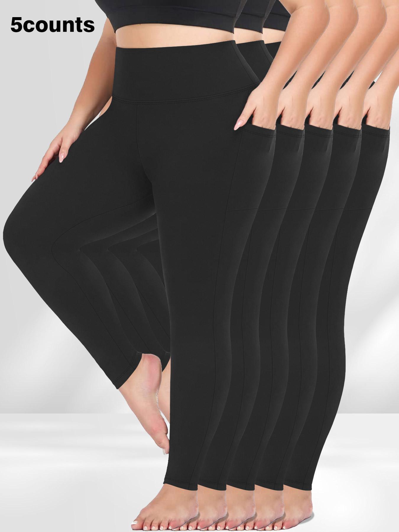 Plus Size Solid High Waist Sports Comfy Gym Workout Leggings with Pocket, Summer Outfits, Casual High Stretch Skinny Pants for Women, Soft Comfortable Women's Bottoms for All Seasons, Stretchy Workout Leggings